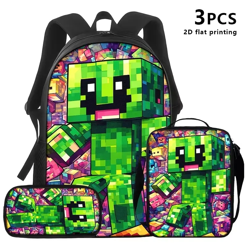 3 Piece Green Pixel Character Backpack Set for Boys and Girls, Block Style Gaming School Bookbag with Matching Lunch Bag and Pencil Case, Kids Elementary Student Travel Daypack, Back to School Gamer Gift