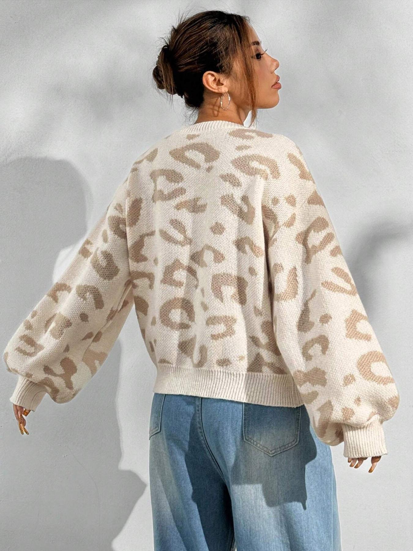 Women's Leopard Print Crew Neck Sweater, Casual Long Sleeve Jumper for Fall & Winter, Fashion Ladies' Knitwear Knitting for Daily Wear