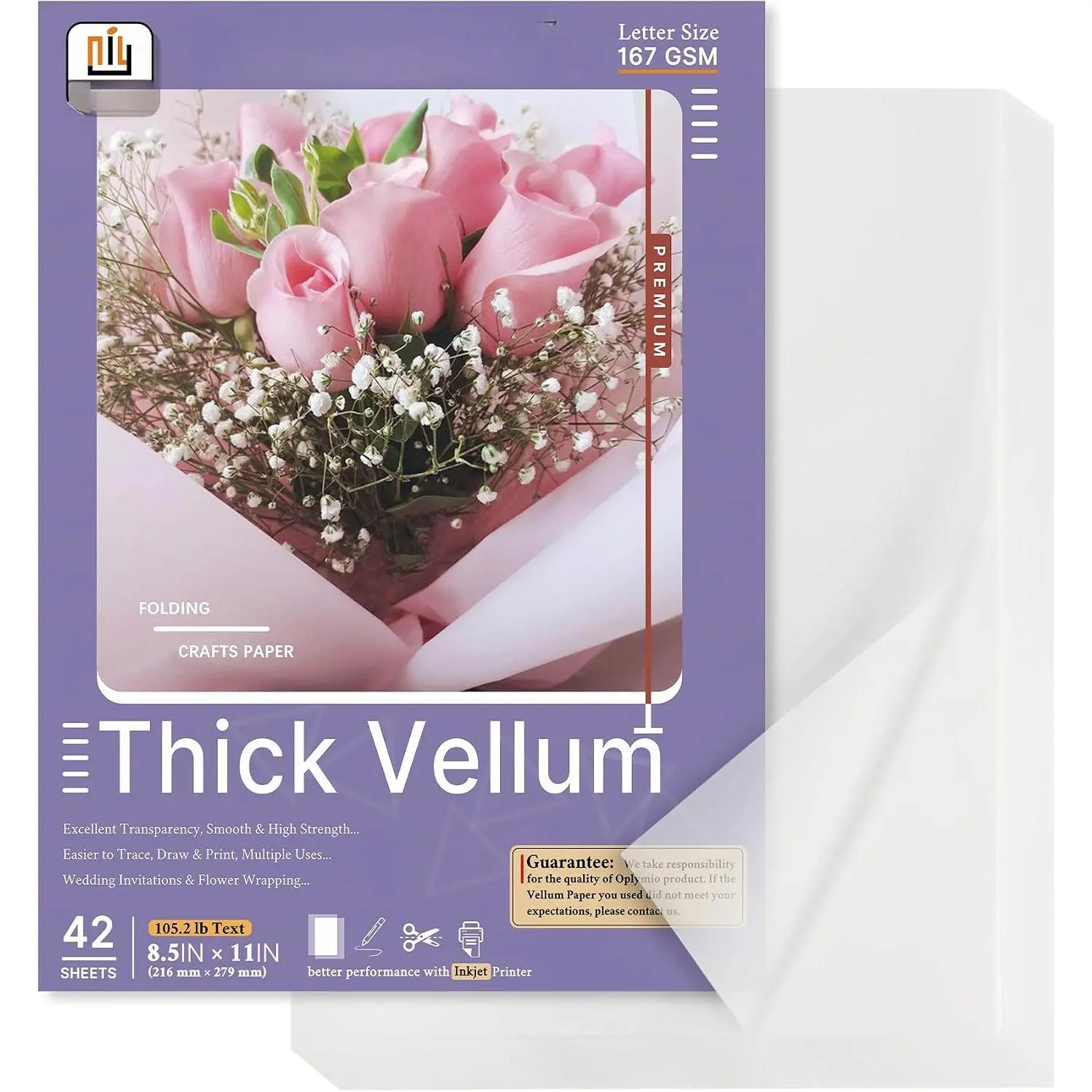 Thick Translucent Printable Vellum Paper 8.5 x 11,  42 Sheets 167GSM | Smooth Heavy Weight Vellum Paper for Invitations, Embossing, Cardmaking, Crafts, Wedding Vellum Jackets, Overlays