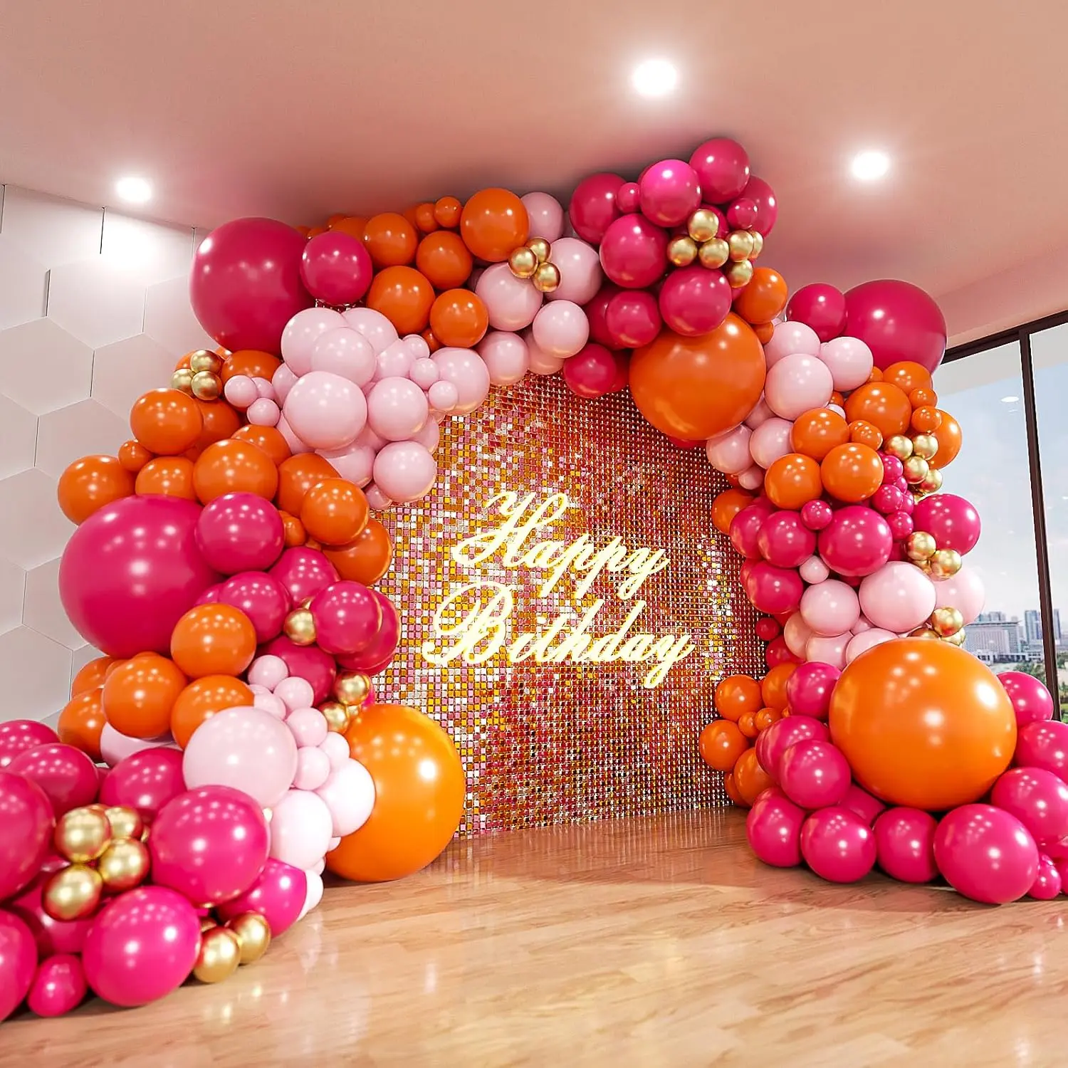 ADOINBY 161Pcs Multi-Size Latex Balloons Arch Kit - Hot Pink, Orange, Metallic Gold, 18/12/10/5 In - Party Decor, Birthday Party Decor for Baby Shower, Wedding Events