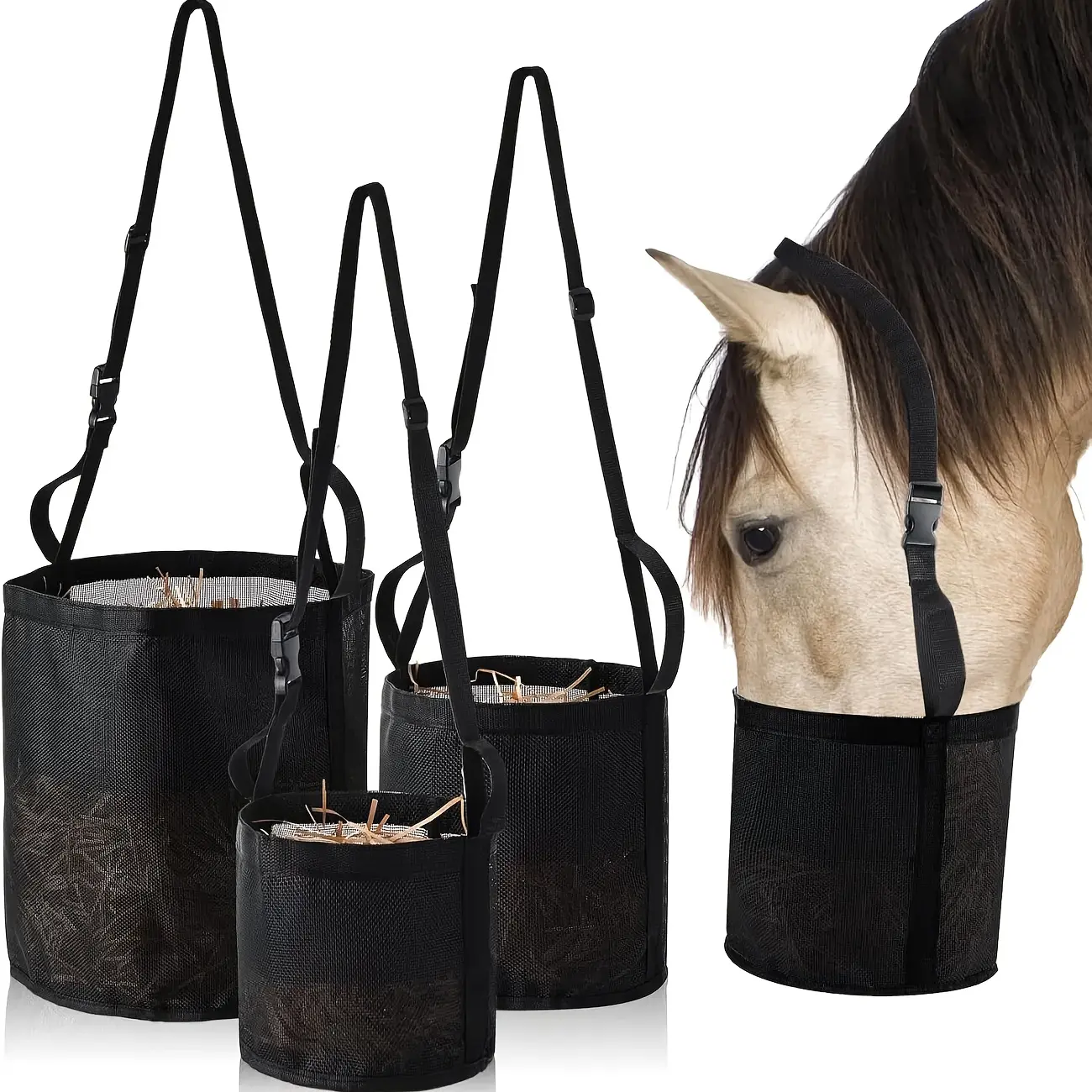 Adjustable Horse Feed Bag with Comfortable Neck Pad - Heavy-Duty Durable Canvas Grain Feed Bag, Essential for Feeding Control - Suitable for , Medium, Large Horses and Ponies, Portable Horse Feed Bag Available in 3 Sizes for Easy Selection