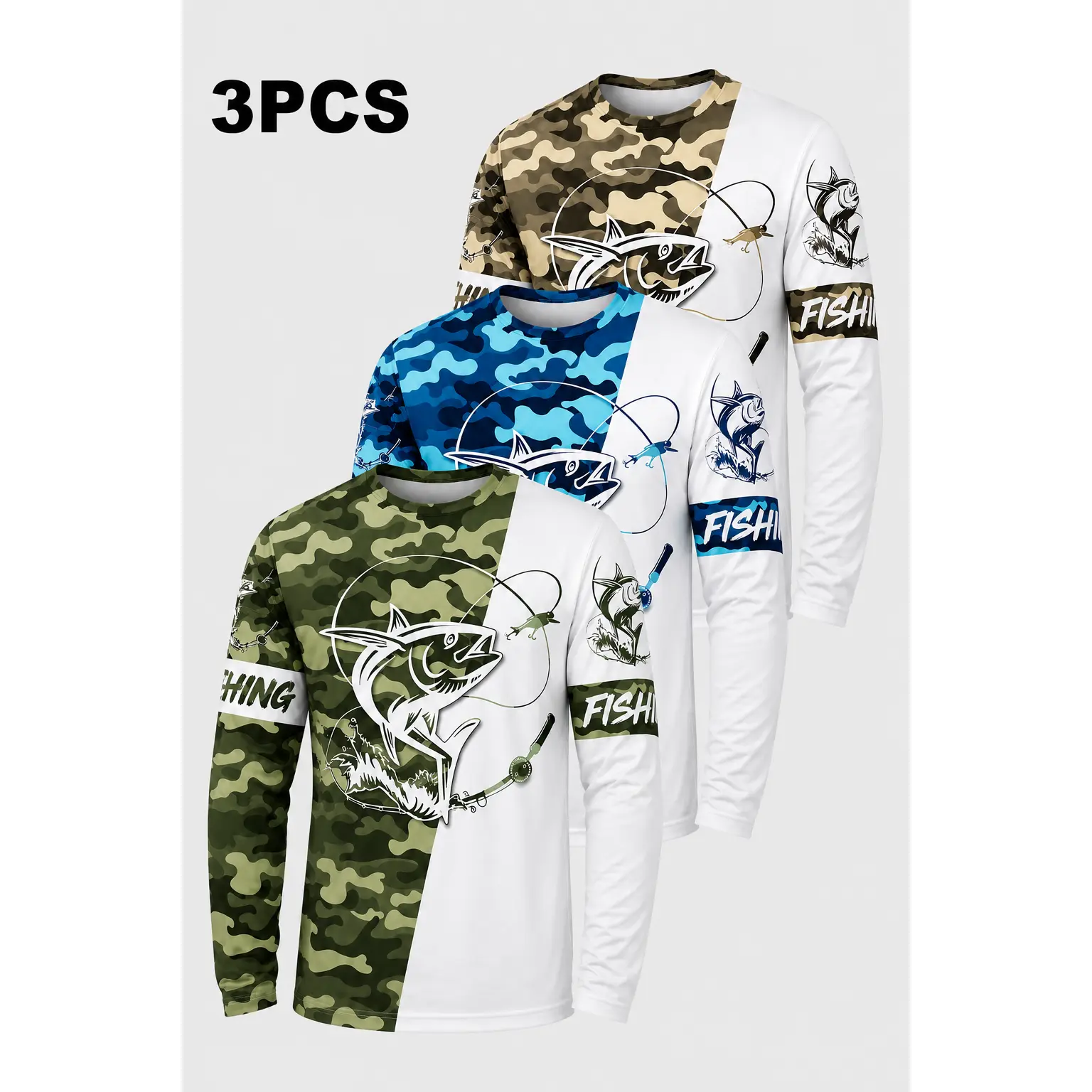 3PCS Men's Fishing Shirts Long Sleeve Shirt, Fish Sailing Dress Angling Tops Wear Breathable Gear Clothing Summer Apparel, Gift for Him