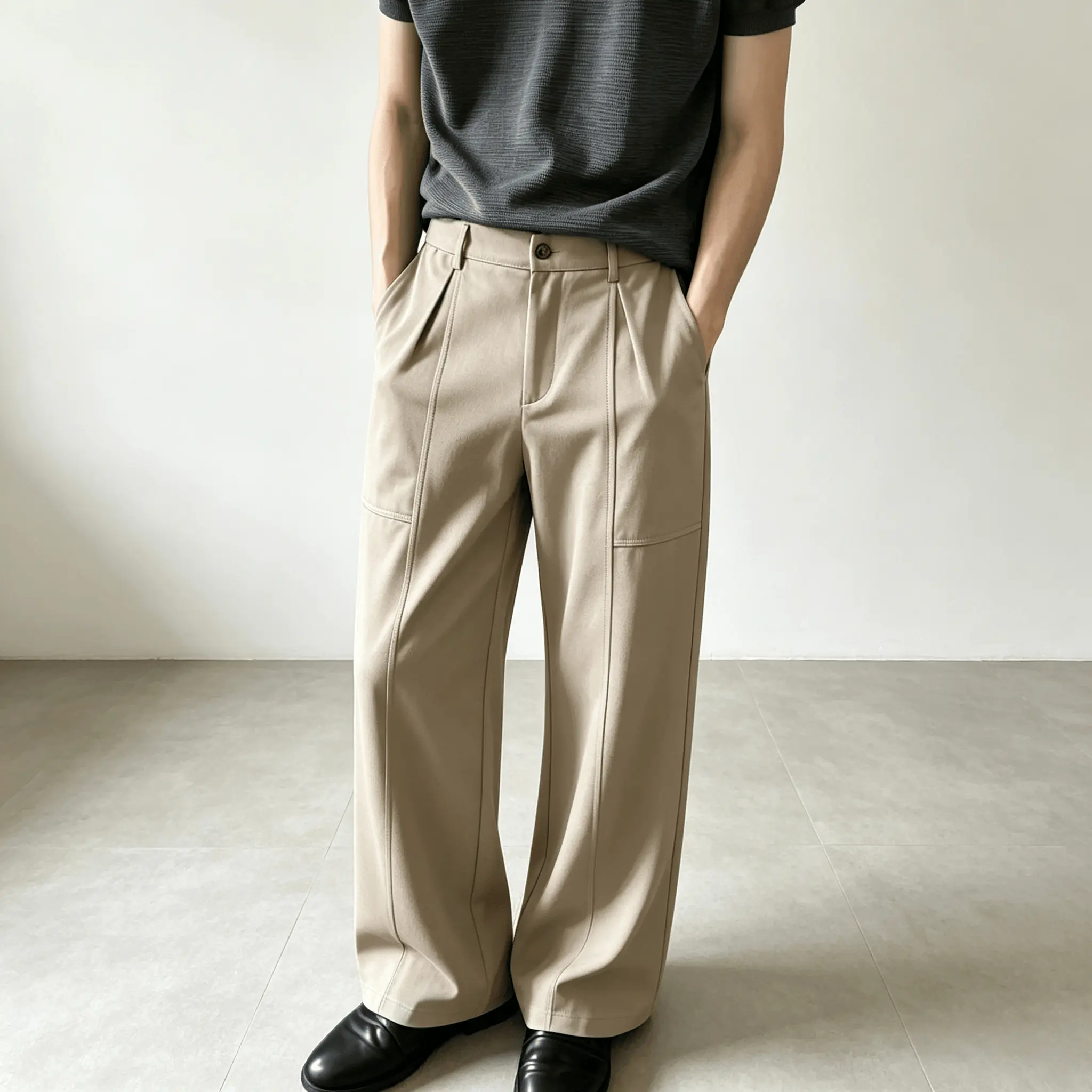 Men's khaki wide leg casual trousers, front zipped patch pockets straight pants, smooth fabric and loose fit, suitable for young American males for daily street wear., Buttons, Khaki Pants, Ankle Length, Relaxed Cut, Cold Wash, No