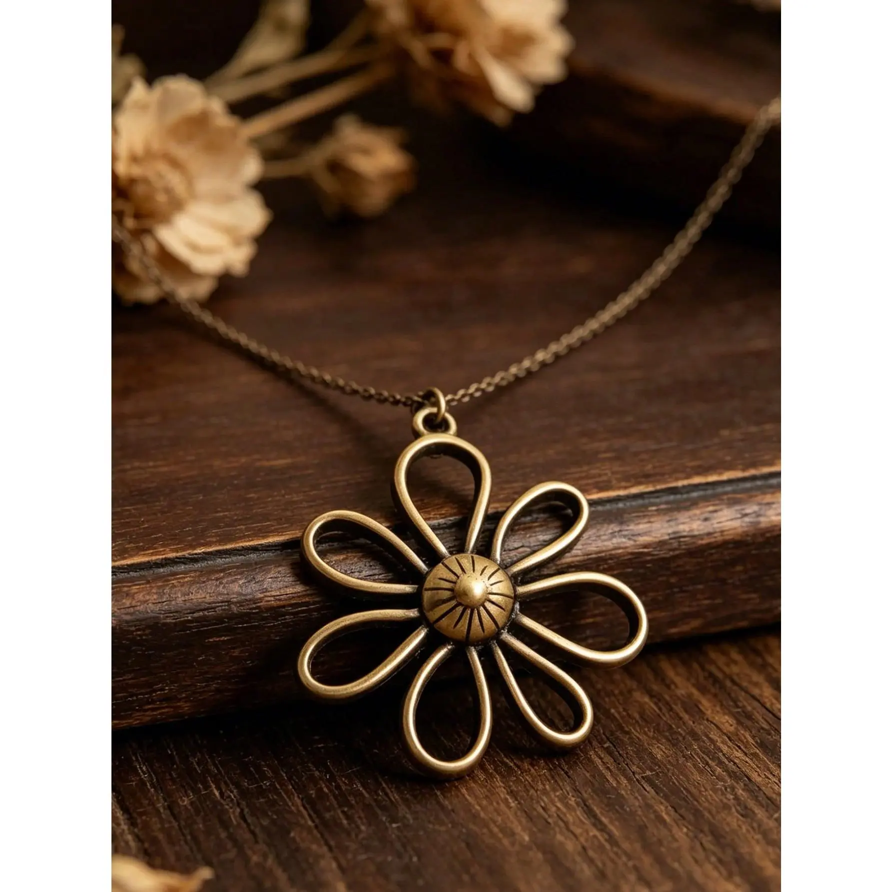 Women's Retro Grunge Antique Metal Pendant Necklace - Distressed Hollow Floral Motif, Lightweight Costume Jewelry for Music Festivals, Daily Wear