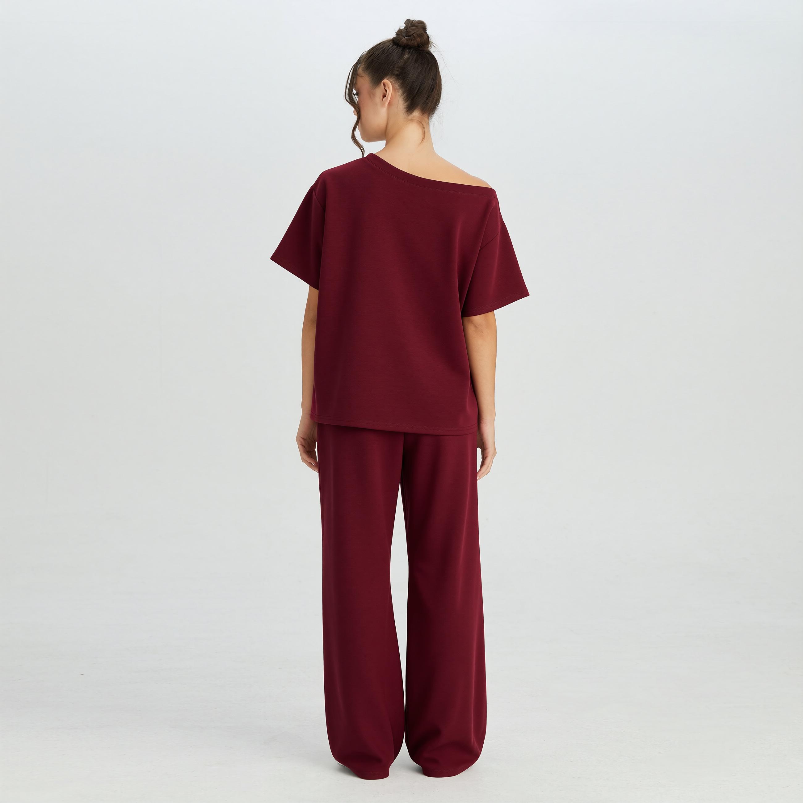 KatchMe Women's Simple Style Solid Color Sloping Shoulder Short Sleeve Top & Drawstring Waist Wide Leg Trousers Co-ord Set & Separates, Minimalist Womenswear