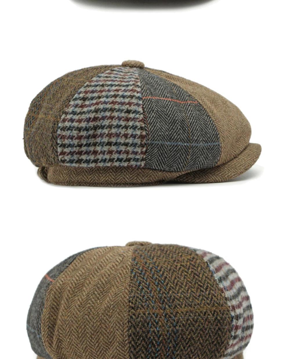 HT4612 Beret Cap Men Women Spring Autumn Wool Beret Hat Patchwork Plaid Ivy Octagonal Flat Cap Male Female Artist Painter Berets