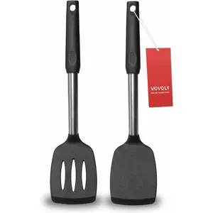 2 Pack Solid & Slotted Silicone Spatula Turner Set, Silicone Coated Stainless Steel Handle, Non-Stick Heat Resistant Cooking Utensils for Fish, Eggs, Pancakes, Wok, Black