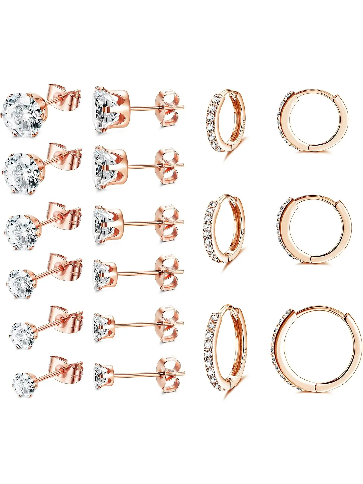 9 Pairs Stylish Rose Golden Assorted Earring Bundle Sturdy Stainless Steel Clear CZ Studs Matched with Lustrous Polished Copper Huggie Jewelry Mixed Stud Huggie Dual Designs Support Single Wear Multi-hole Layered Matching for Rich Daily Outfit Rotation