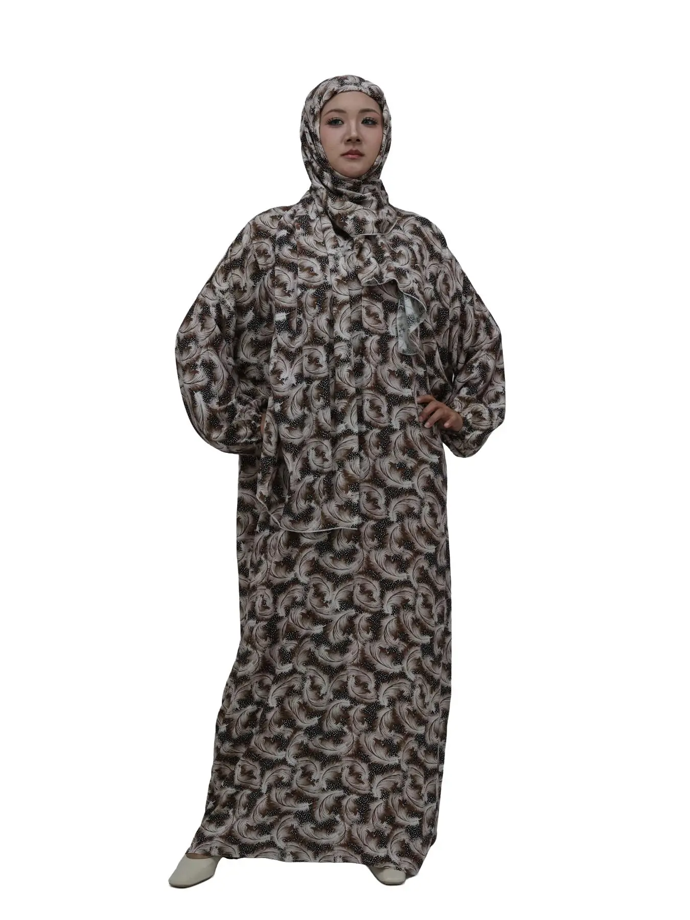 Feather Print One-Piece Muslim Robe, Long Sleeve Abaya with Headscarf, Loose-Fit Modest Dress for All Seasons, Daily Wear & Prayer