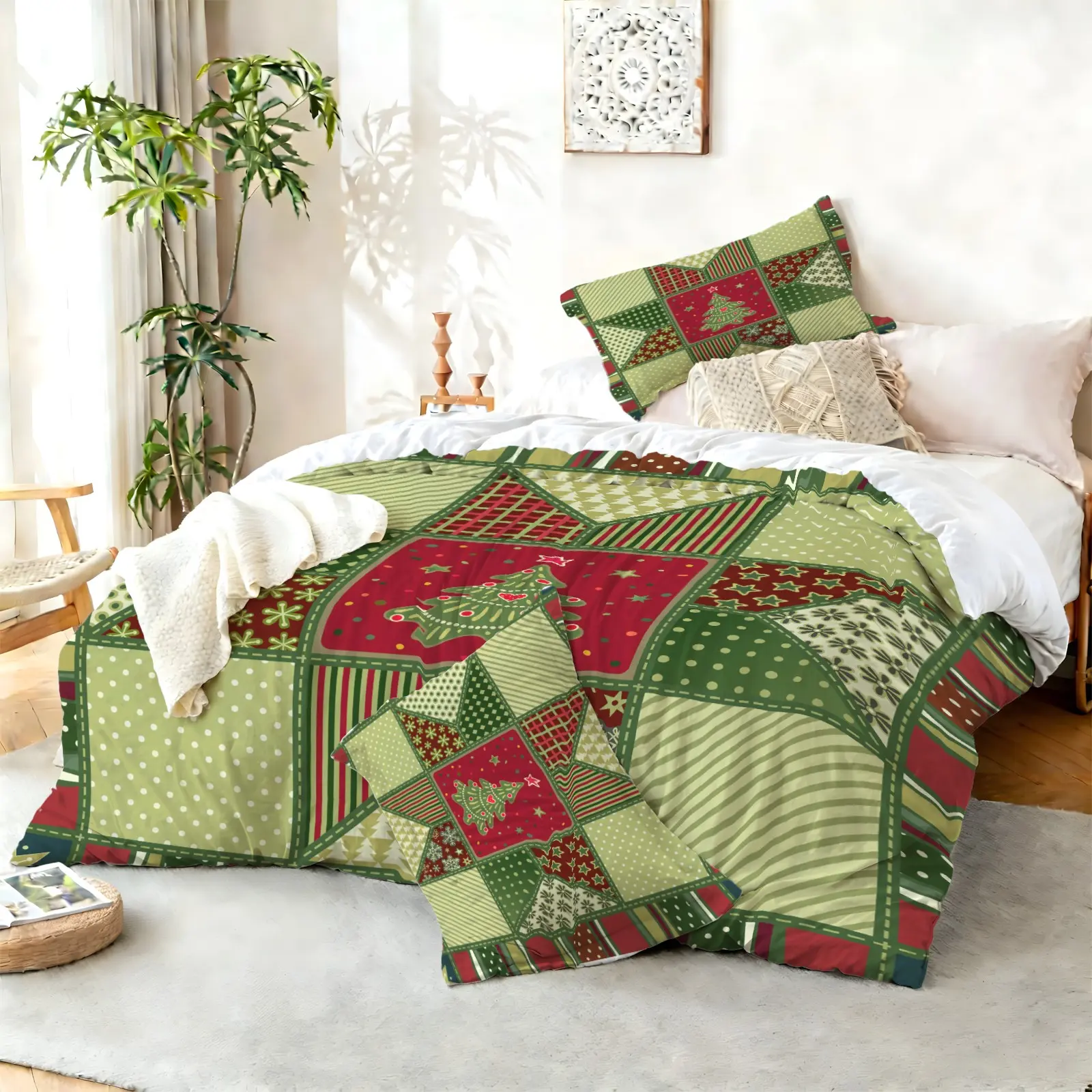 2/3Pcs Christmas Patchwork Santa Gingerbread House Print Duvet Cover Set, Soft Comforter Cover, No Filler Bedding Set For Family Bedroom & Holiday Dorm Decor, Premium Clear Digital Print, Creates Warm Sweet Festive Christmas Home Atmosphere