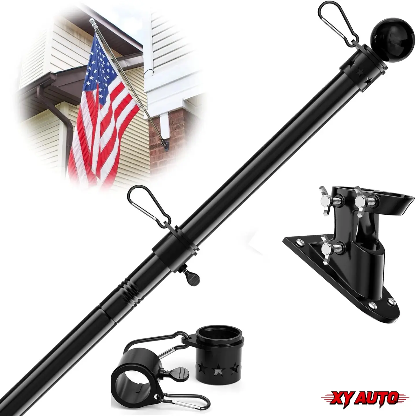 5&6ft Heavy Duty Portable Flag Pole Kit with Wall Mount Bracket & Tangle Free Rings for Outside House, Fit 3x5 Outdoor Flags, Black Flagpole Holder Suitable for Boat, RV, Truck Hitch, Garage, Pride Flags