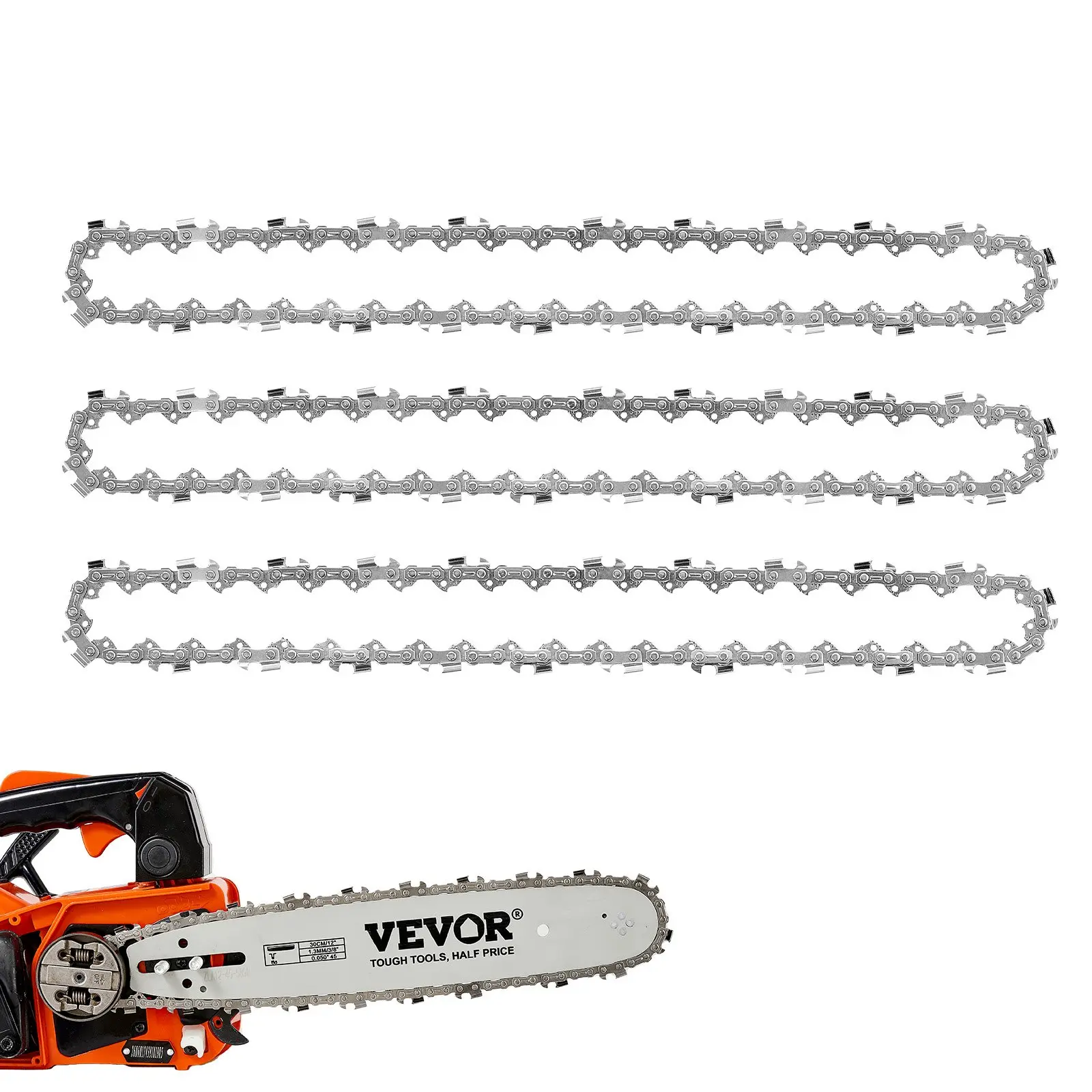 VEVOR 3-Pack 12-Inch Chainsaw Chains, 3/8" Pitch, 3/8" Gauge, 45 Drive Links, Forged Alloy Steel, Fits VEVOR CN-25 Gas Chainsaw, Staggered Sharp Cutters, Wear-Resistant Tie Straps for Branch Trimming, Staggered Cutters