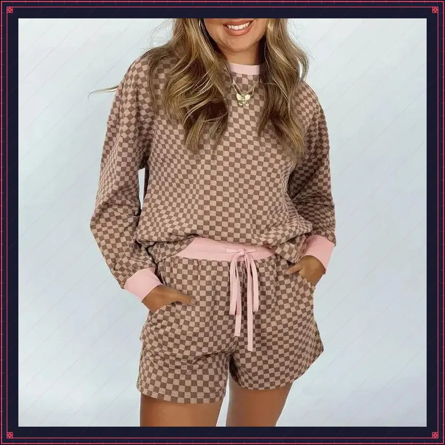 Women’s Checkerboard Long Sleeve Pullover and Drawstring Shorts Set, Two Piece Set  Fall Outfits