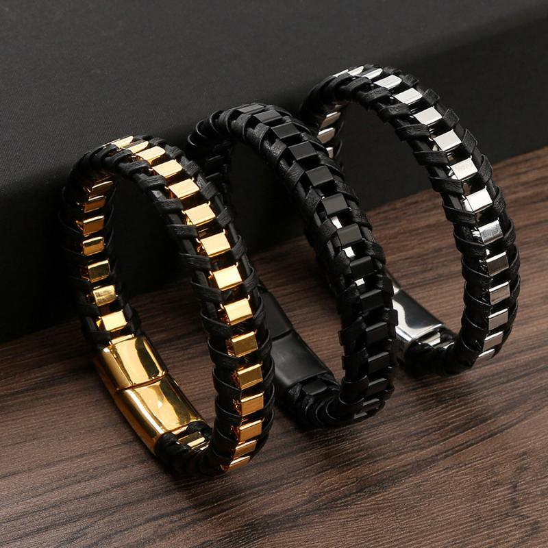 3 Color Men's Stainless Steel and Faux Leather Braided Bracelet, Perfect for Casual Looks, Fashionable Men's Gift