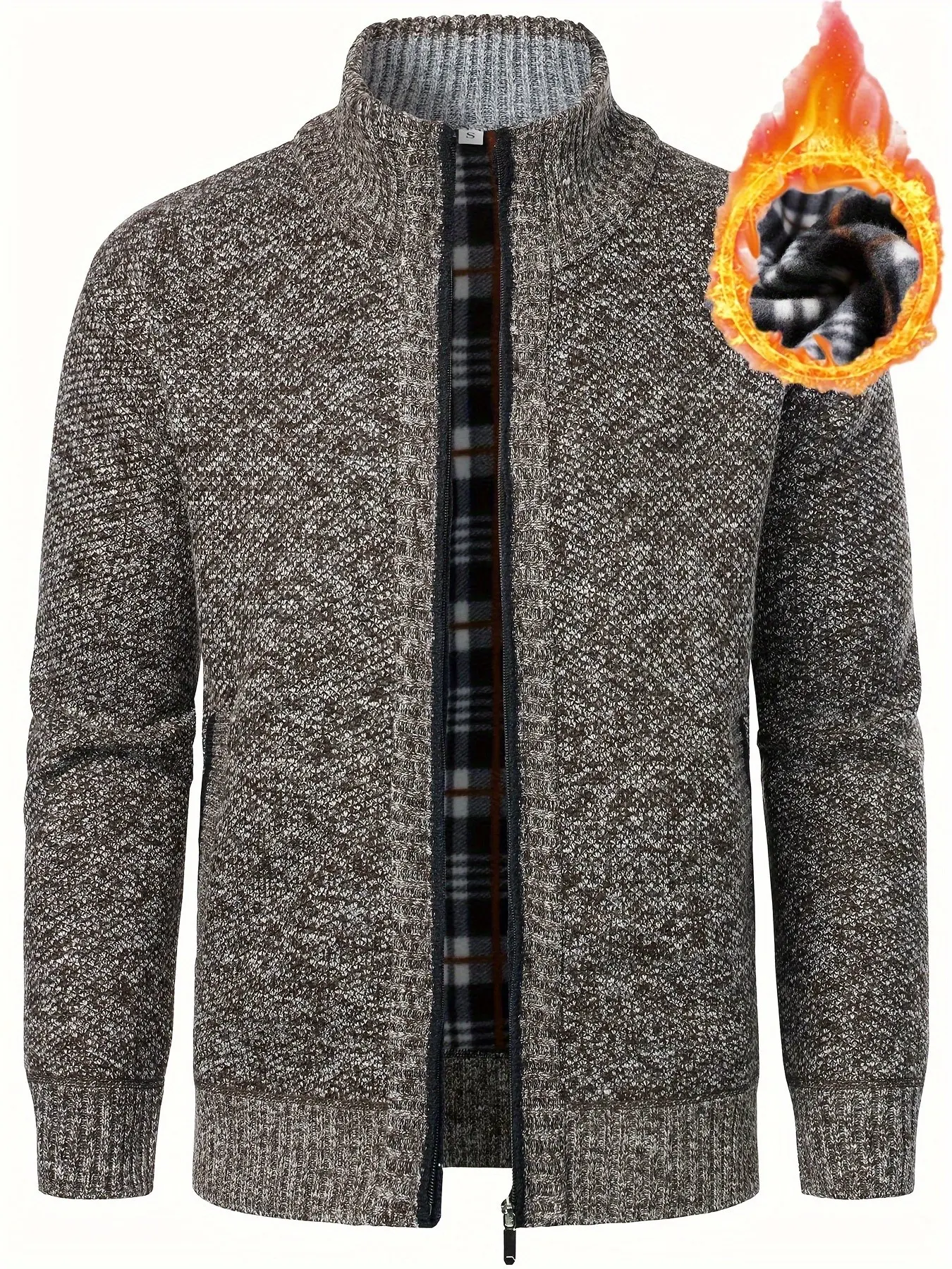 Men's Stand Collar Knit Jacket, Business Casual, Warm Soft Fabric, Silver Color Trim, Zipper Closure, Fall Winter Outerwear