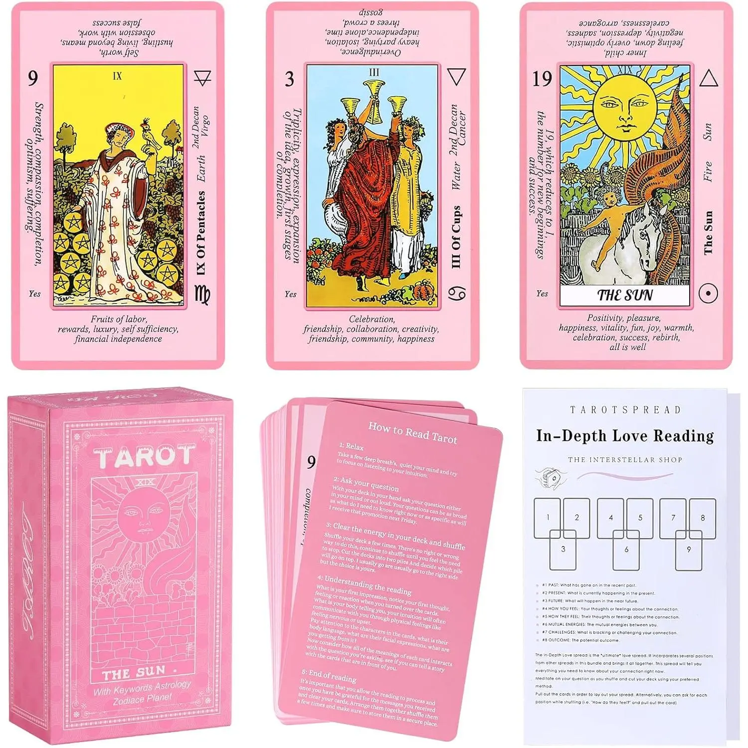 Myripoly Pink Tarot Cards Deck Set for Beginners with Meanings On Them-Tarot Card with Guidebook-(Free Velvet Tarot Bag Pouch)