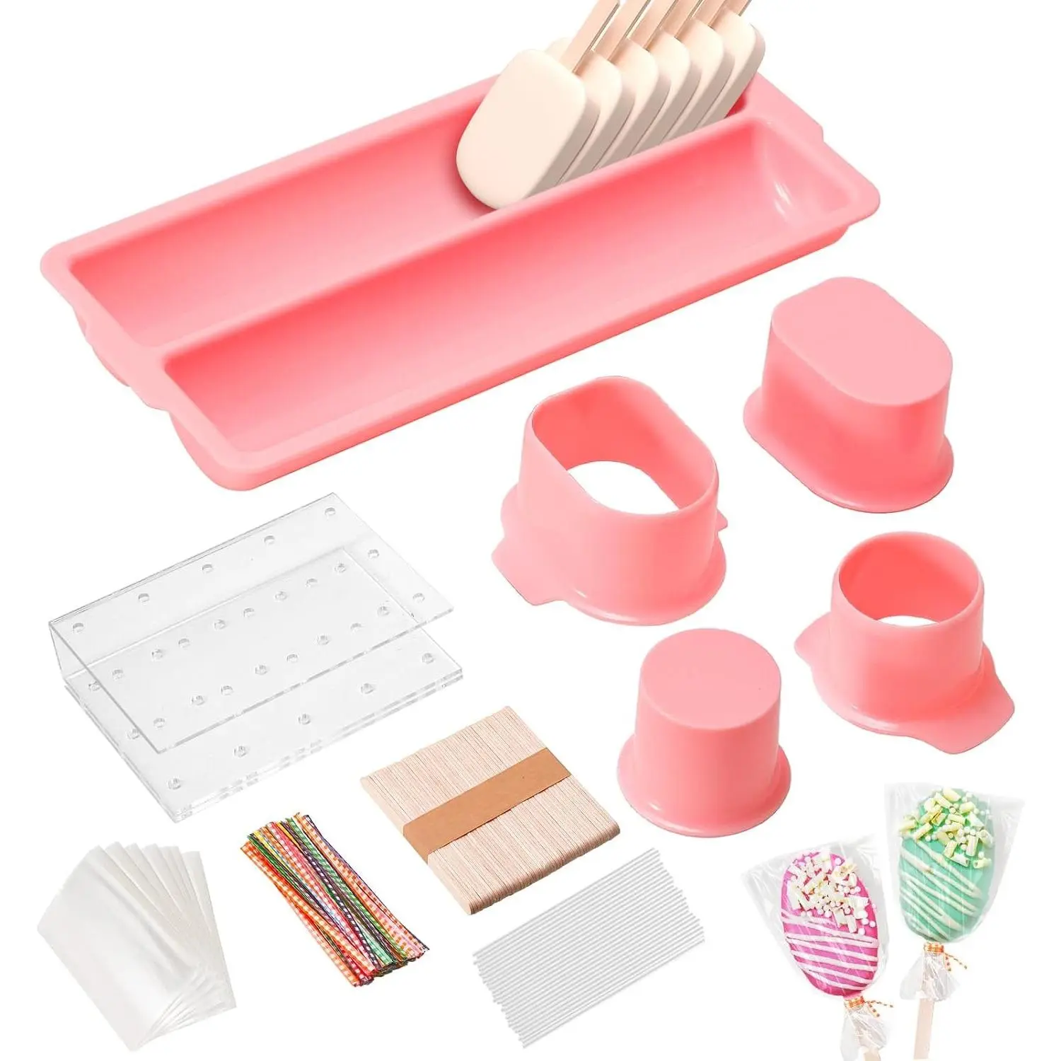 Cakesicle Cutter and Cake Pop Mold Set with Acrylic Stands, Tray, Sticks, Cellophane Bags & Ties – Complete Baking Kit for Home Party Wedding Desserts Pink