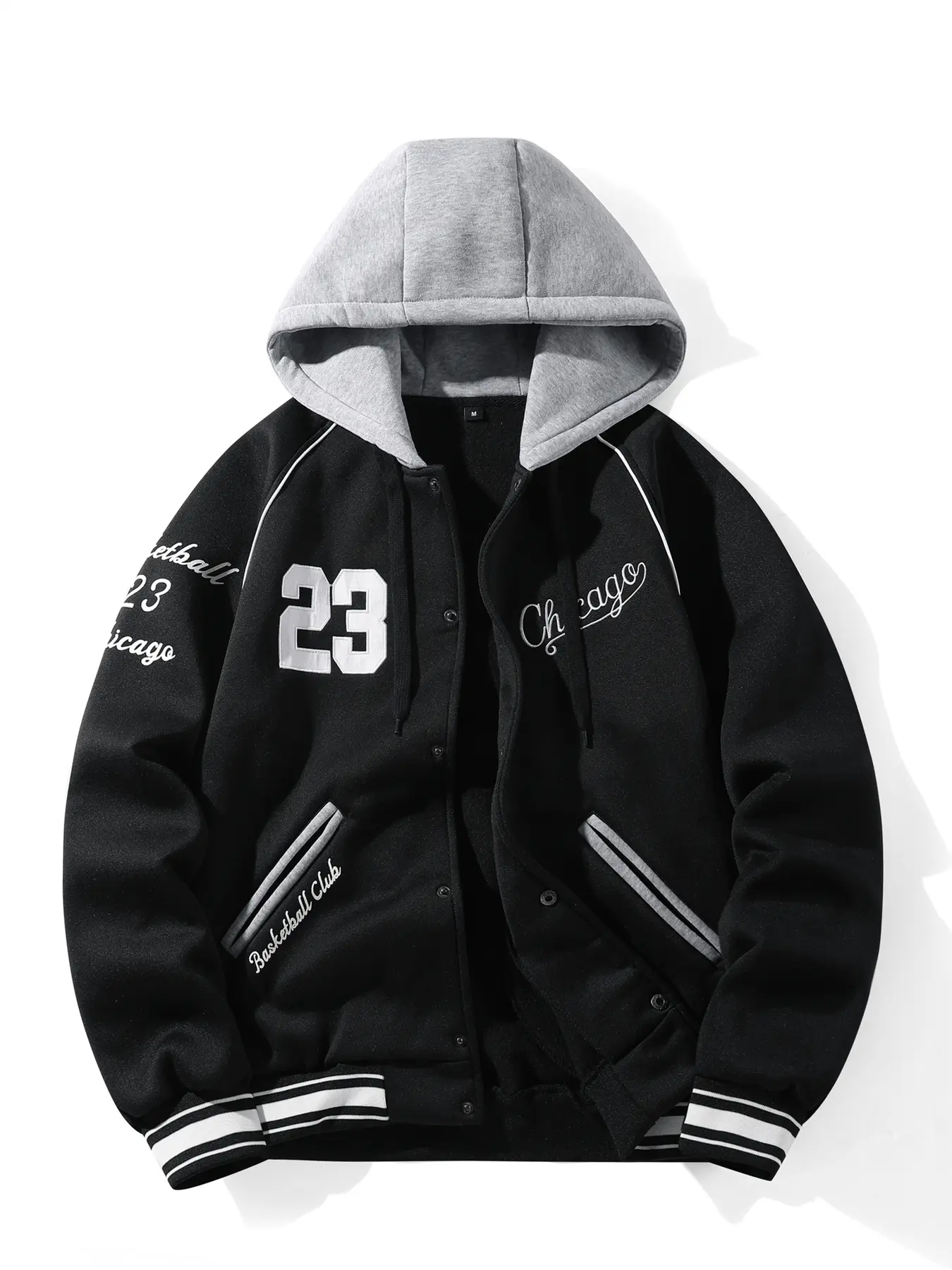 Color blocked hooded men's college baseball jacket, Chicago basketball club printed baseball jacket, multiple letter embroidered front button baseball jacket, trendy street top, suitable for campus street photography, daily casual wear for travel