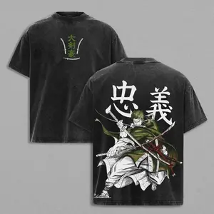 Roronoa Zoro One Piece Acid Washed T-Shirt, Double Sided Santoryu Three Sword Anime Manga Graphic Tee,Gift for One Piece Fans Washable Unisex T-shirt