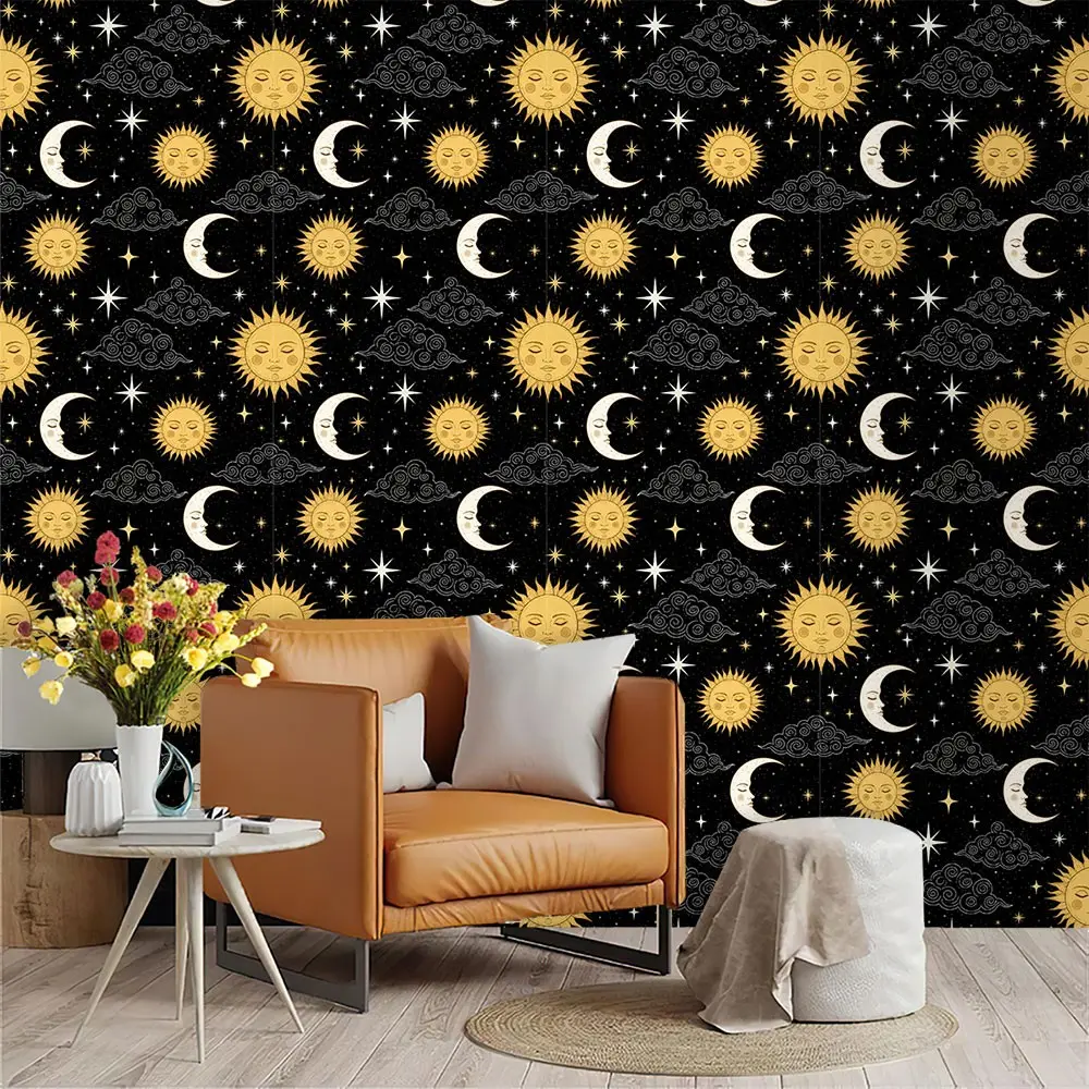 Vintage Mysterious Moon and Star Wallpaper, Night Sky Pattern, PVC Material, Self-Adhesive, Ideal for Living Room, Kitchen, Bedroom