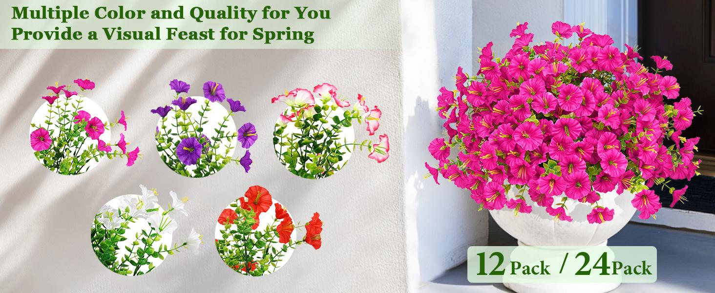 10 Bundles Artificial Fake Flowers Plants for Outdoors, Faux Petunias Silk Flower UV Resistant No Fade for Front Porch Patio Home Garden Blcony Yard Outdoor Spring Summer Decor
