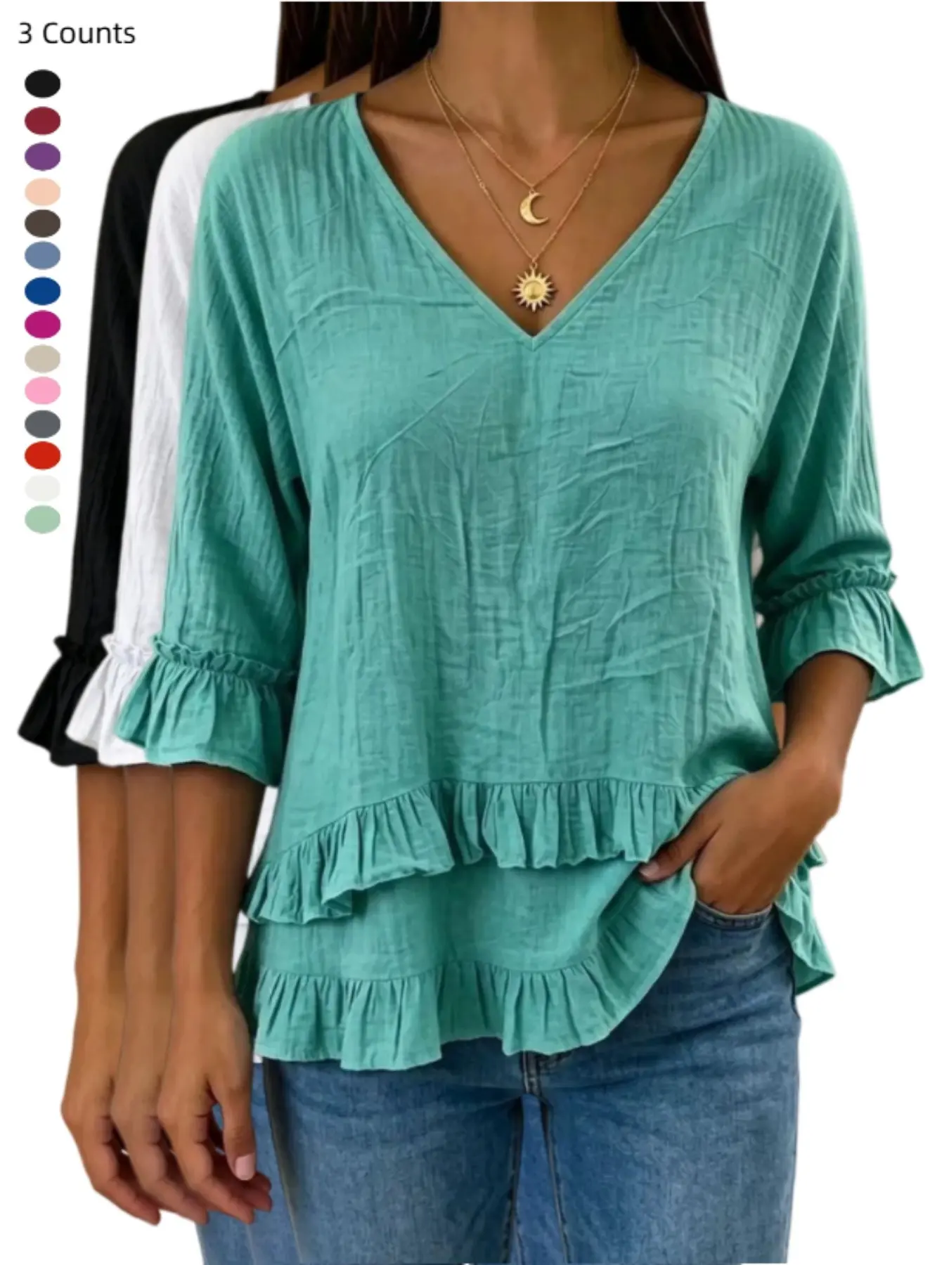 2026 New Women’s Solid Color Pleated Casual Ruffle V-Neck Top, Long Sleeve Loose-Fit T-Shirt, Fashionable for All Seasons