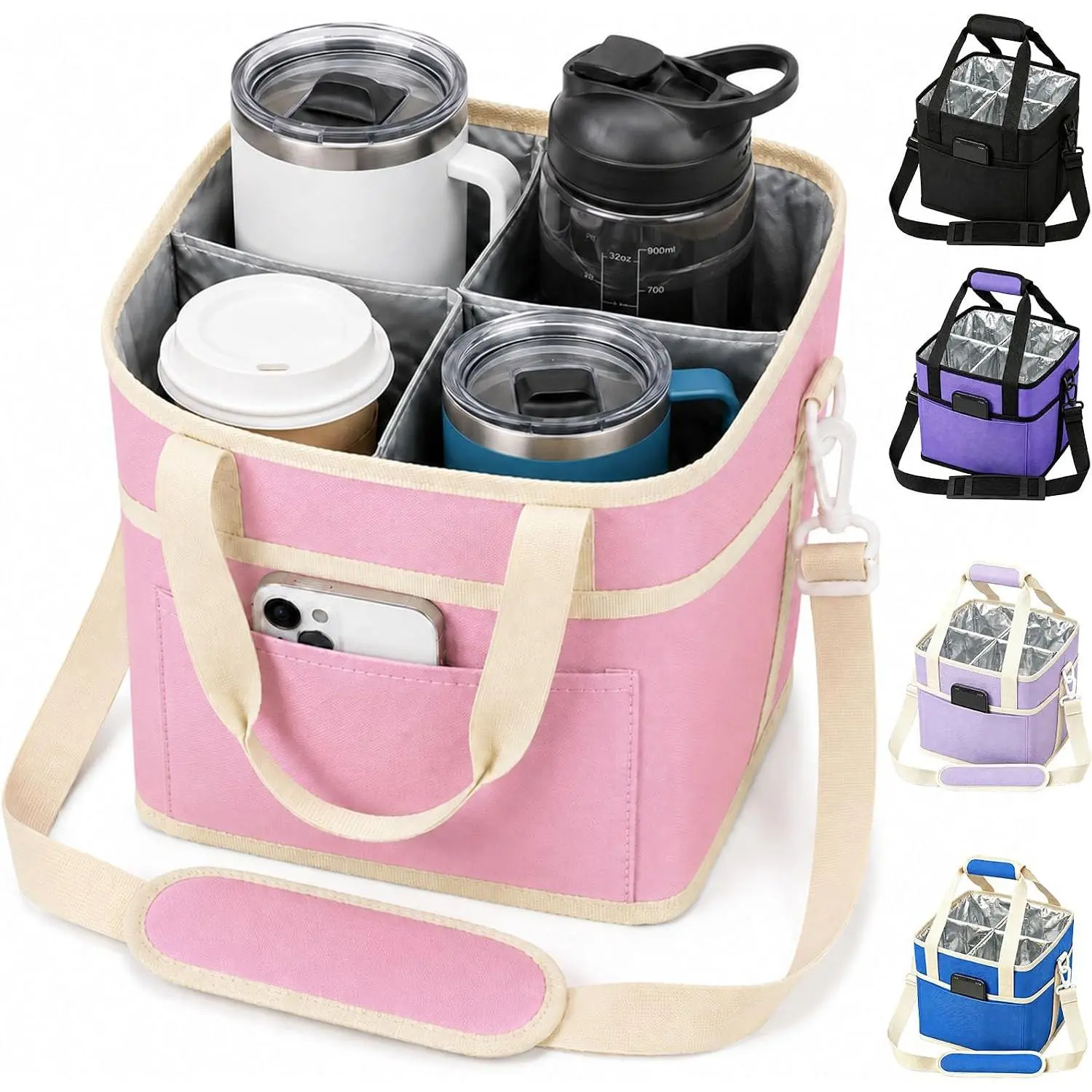 Insulated Drink Carrier Tote Bag - Oxford Poly Family-Size 4-Compartment Insulated Lunch Bag, Adjustable Strap, Water Bottle/Tumbler Holder for Car Outings, Outdoor Sports, Fits Any Cups, Fits Cups