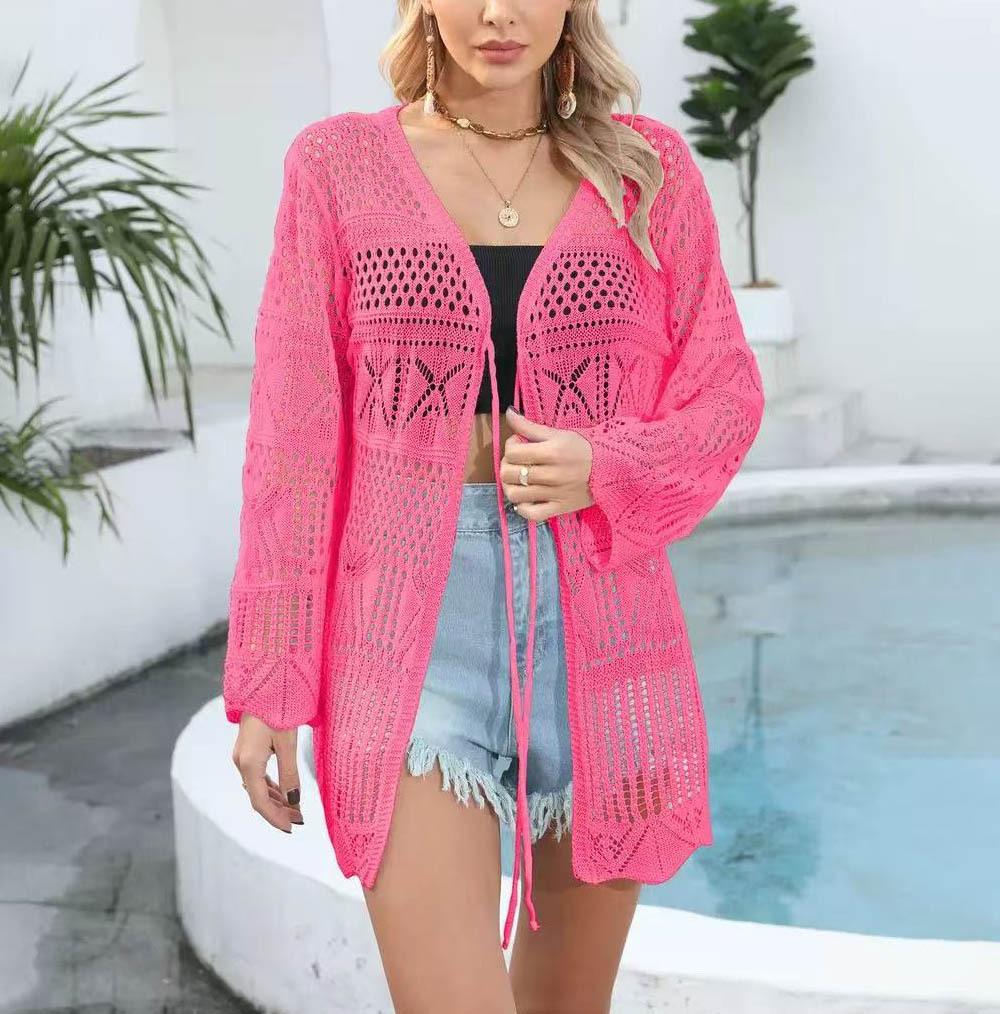 Women's Solid Color Hollow Out Tie Front Crochet Cardigan, Casual Long Sleeve Knitwear for Summer, Fashion Women's Knit Clothing for Daily Wear, Knitting, Summer Cardigan Women, Beach Cover Up, Lightweight Knit Top, Boho Crochet Sweater, Vacation Outfit