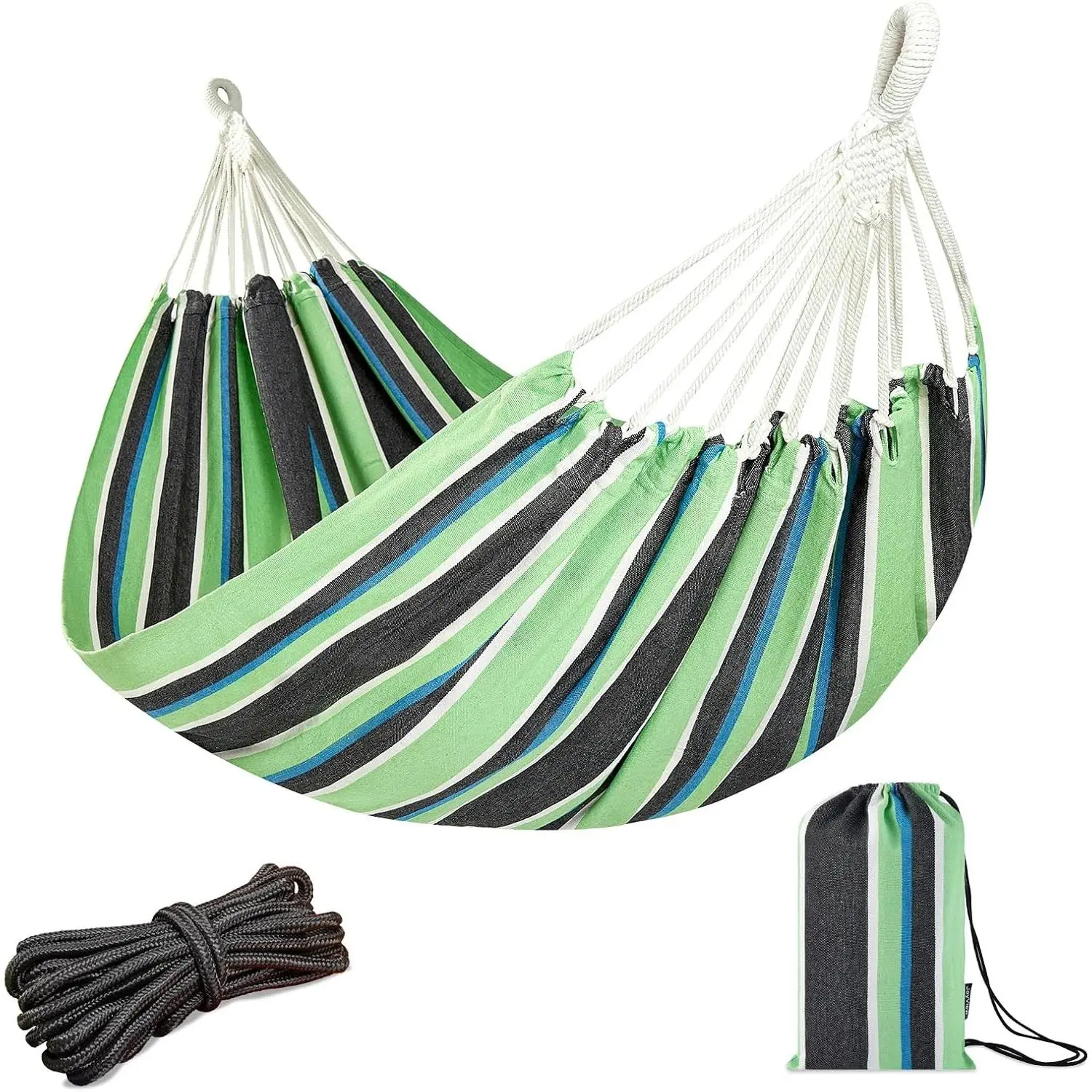 Brazilian Double Hammock with Hanging Ropes Extra Large 86.6x59” Portable Cotton Hammock for Patio Backyard Porch 450LBS Weight Capacity Perfect for Outdoor/Indoor - Green/Black Stripe