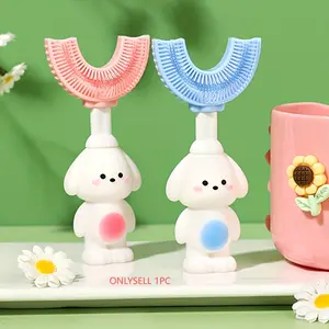 Cute Toothbrush for Toddlers, & Blue Puppy Design, 360 Degree Cleaning in Seconds, U-Shaped Oral Care Brush, Teeth Cleaning Tool