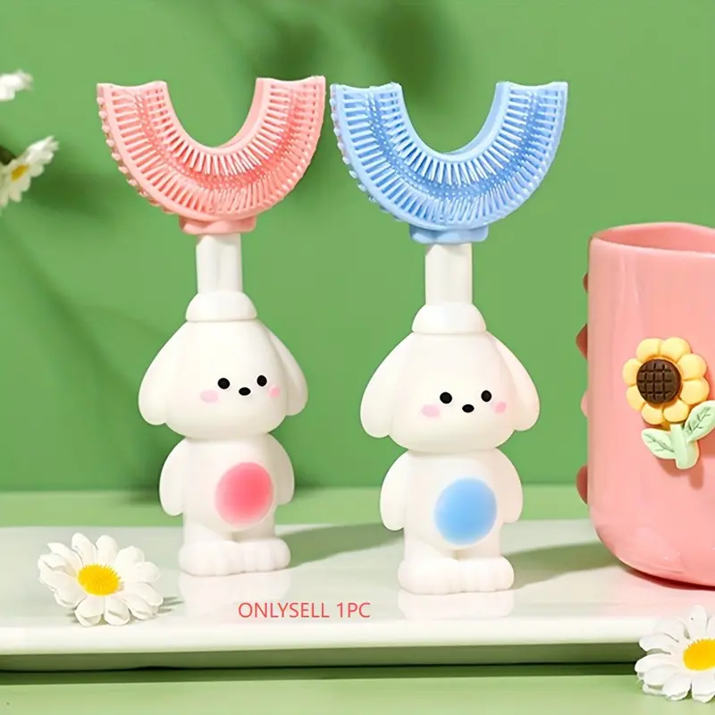 Adorable U-Type Toothbrush for Kids Ages 3-12, and Blue Puppy Design, 360-Degree Cleaning, Simple Oral Care Tool