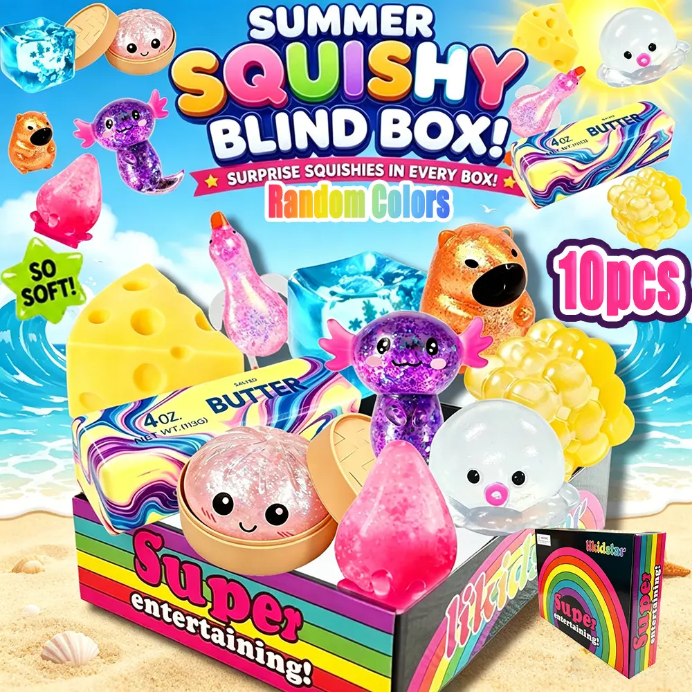 10pcs Rainbow Gift Box, Cute Emoji Baozi, Fruit, Cheese, Gummy Toy Set, Sensory Soft Toys for Kids and Adults, Stress Relief, Birthday Gifts