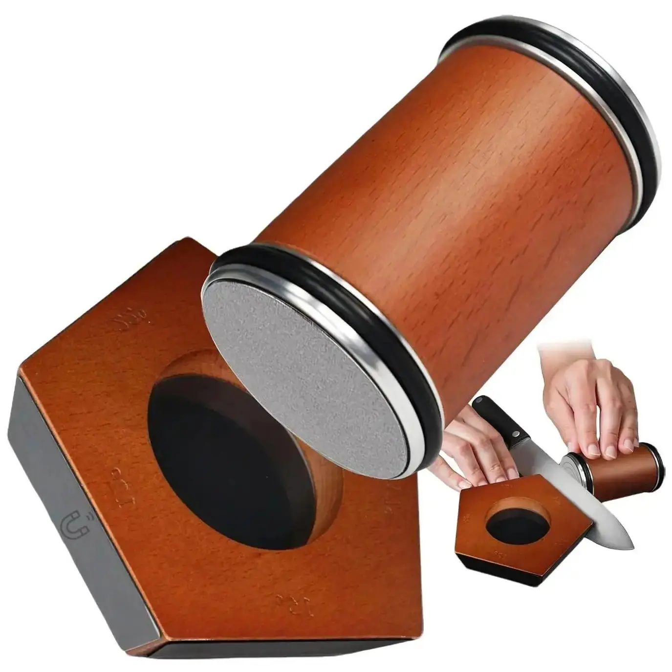 Diamond & Ceramic Disc Rolling Knife Sharpener Set (Kitchenware Tools and Gadgets) with 15°-20° Angle Options, Natural Wood Grips, Magnetic Base, 5-Sided Magnetic Suction, #400+#1000 Grit, For High-Carbon & All Steel Hardness Kitchen Knives