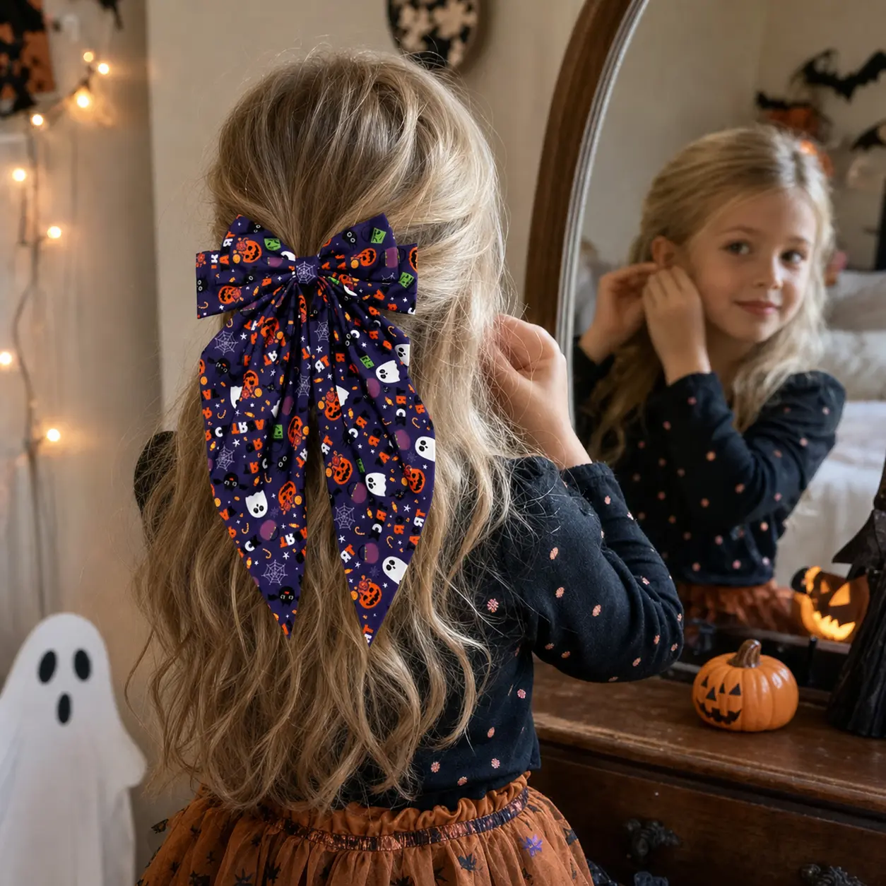 Kids' Large Bow Fabric Hair Clip with Long Ribbon Tails, Playful Pumpkin Ghost Prints, Halloween Party Hair Accessory, Playful Prints