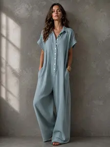 Women's Casual Baggy Loose-Fitting Jumpsuit, Summer Short Sleeve Collared Print Jumpsuit, Wide Leg Long Pants with Button Closure