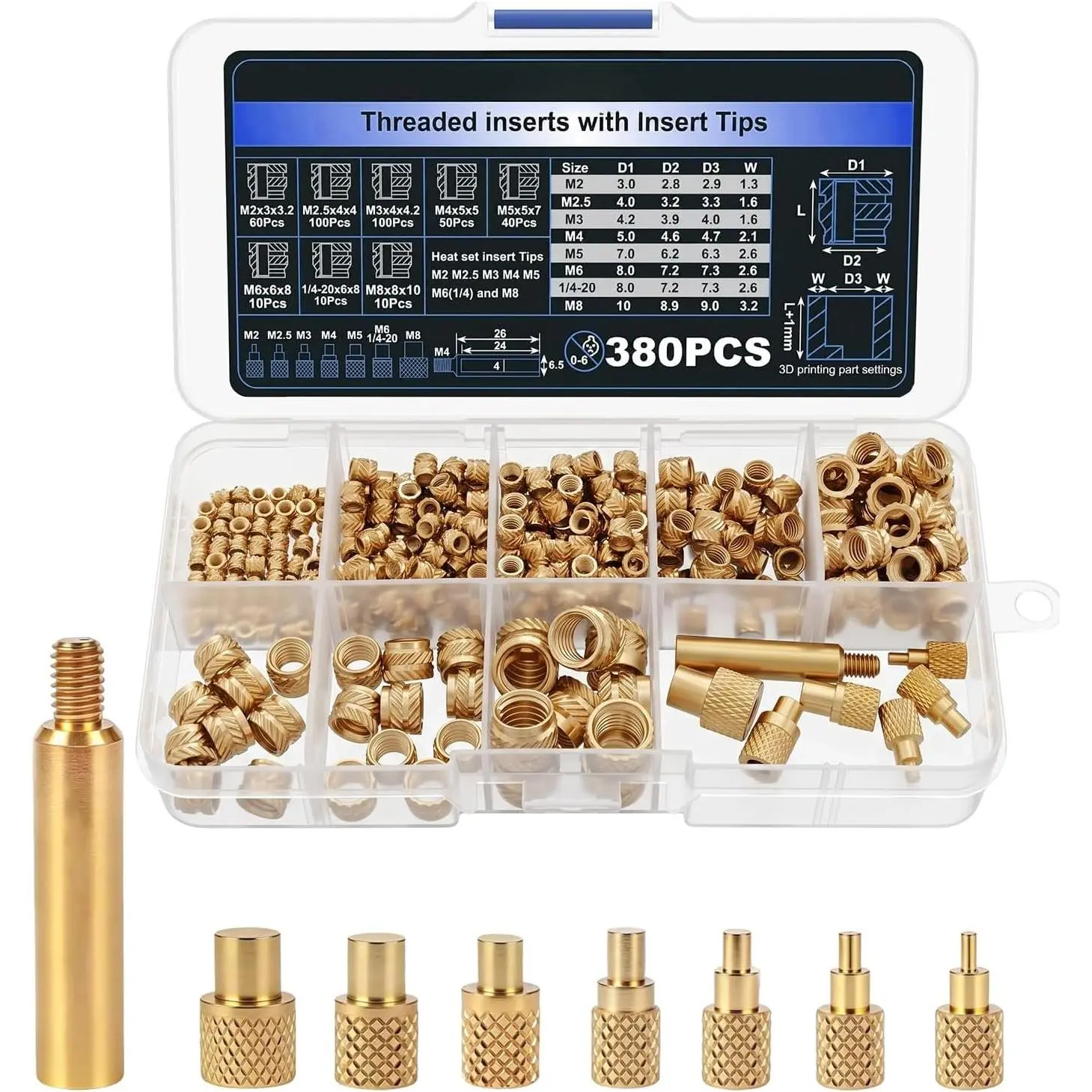 380 count Heat Set Thread Inserts with M2 M2.5 M3 M4 M5 M6(1/4) M8 Insert Tips