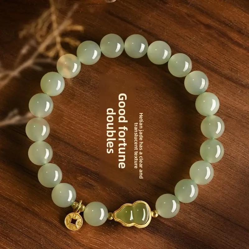 S925 Sterling Silver Hetian Jade Gourd Bracelet for Women Gold Inlaid Jade New Chinese Style National Style Jade Bracelet Light Luxury Exquisite Gift.