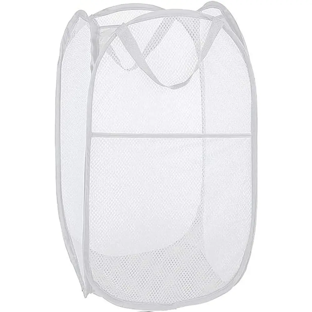 Deluxe  Mesh Pop up Laundry Hamper Basket with Side Pocket for Laundry Room, Bathroom,  Room, College Dorm or Travel White