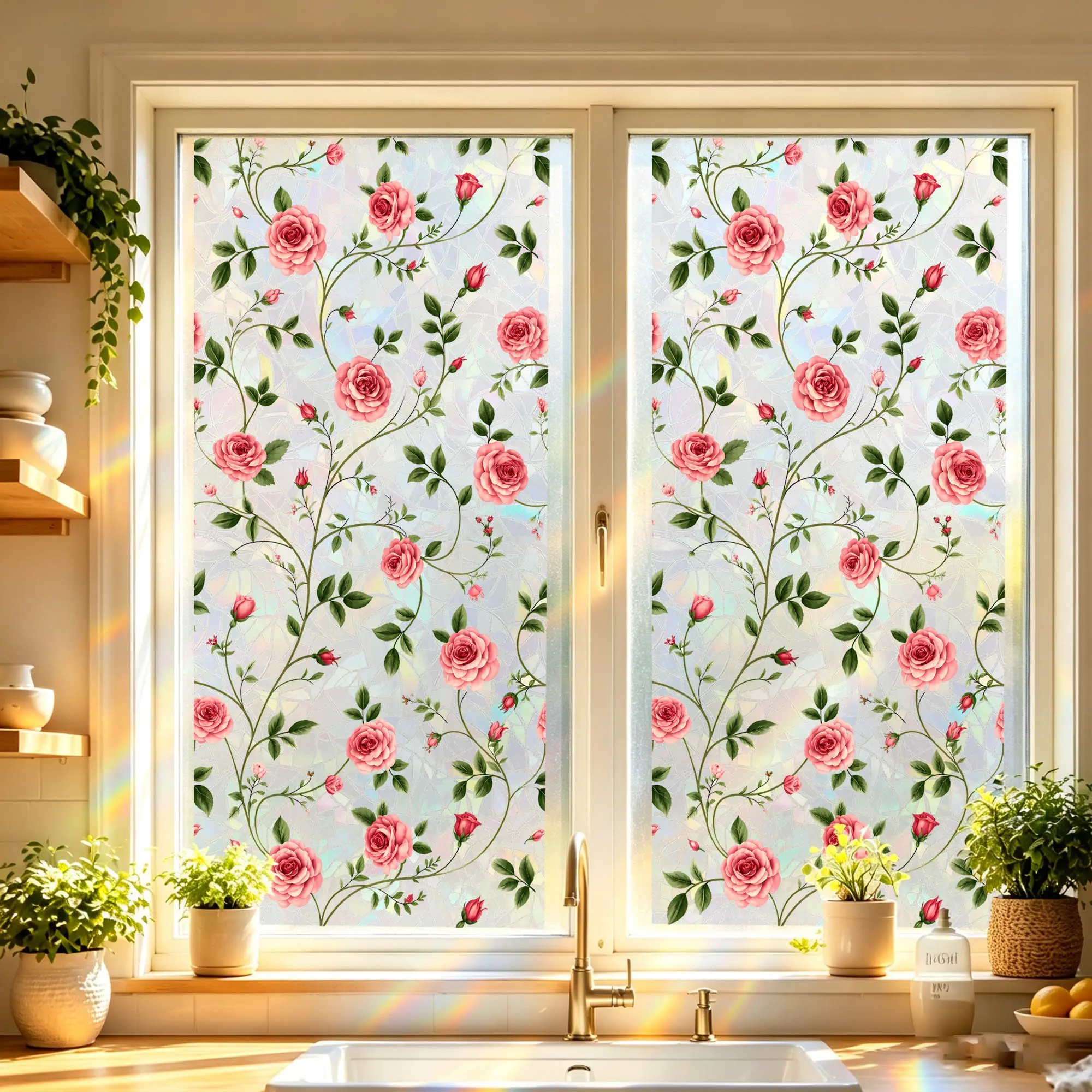 17x39.4in Window Glass Self-Adhesive Decorative Film, Privacy Floral Sticker, Window Decals for Glass Windows, Flower for Kitchen, Bathroom, Shop Doors, Universal Use