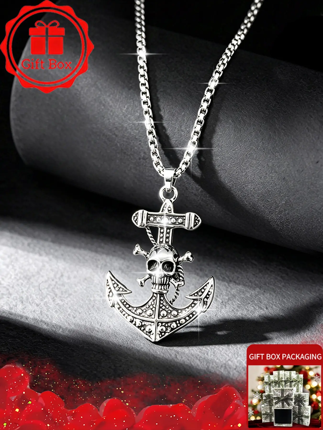 Retro Pirate Skull Anchor Pendant Necklace for Men Women, Premium 304 Stainless Steel Chain, Vintage Gothic Crossbones Choker, Unisex Hip Hop Streetwear Jewelry, Anti-Tarnish Waterproof Cool Boy Biker Gift, Punk Rock Accessories
