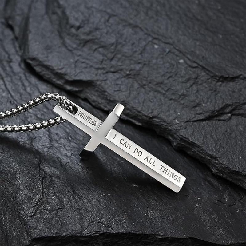 Cross Necklace for Men , Mens Necklace Waterproof Cross Pendant, Silver Chain Confirmation Gift for Him, Christian Catholic, Philippians 4:13 Christian Cross Stainless Steel Necklaces for Men I Can Do All Things