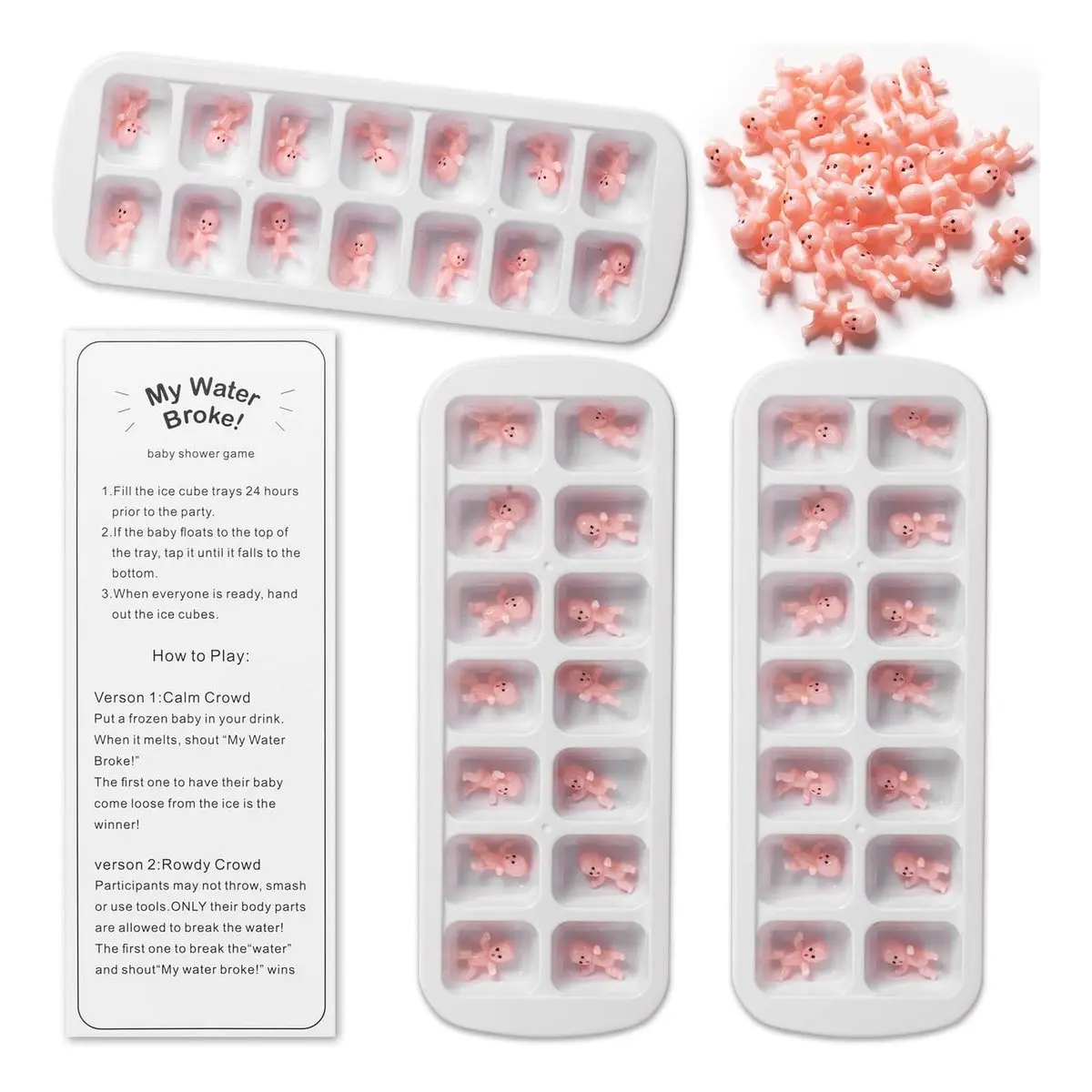 Baby Shower Game Set - Festive Party Game Supplies & Accessories with 80 Mini Plastic Babies, 3 Ice Cube Trays, Sign for 80 Guests