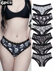 6-Pack Women's Thong Underwear, Lace Trim, Contrast Lace Underwear, Gothic Skull Print, Comfortable Casual Hipster Lingerie, Halloween Inspo, All Seasons