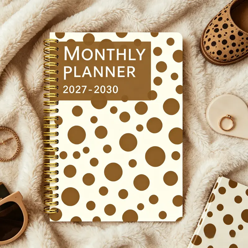 2027-2030 Monthly Planner, A5 size, 124 pages of high-quality paper, gradient inner pages. Neutral brown polka dot spiral notebook, 21.08 cm x 13.97 cm, minimalist Bohemian modern aesthetic daily planner journal
