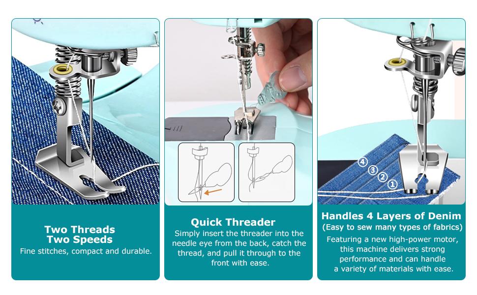 Sewing Machine for Beginners, Mini Sewing Machine for Kids & Adults with Large Extension Table, LED Light, 2 Speed Foot Pedal, Sewing Kit with 127 Accessories(Cyan)