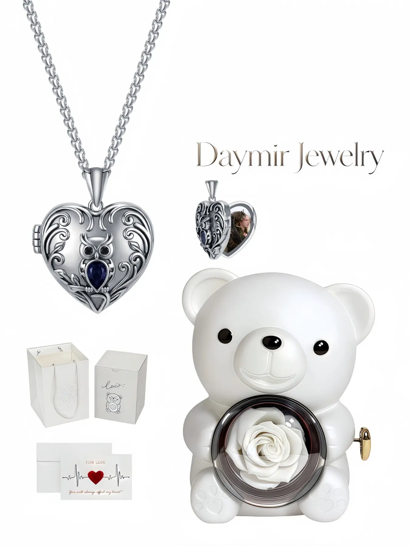 Silver keepsake locket necklace, Anniversary Necklace, features vintage-styled owl, blue-zircon heart and openable photo chamber. Comes with rotating rose-bear jewelry box, perfect gift for daughters, birthdays, Valentine's Day and Christmas
