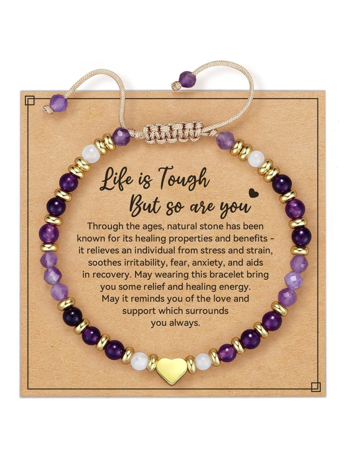 Unisex Natural Stone Heart Braided Bracelet, Adjustable Inspirational Bracelet with Tiger's Eye and Amethyst, Healing Cord with Positive Energy Message Golden Heart, Anxiety Relief Mental Health Encouragement Gift Wristband