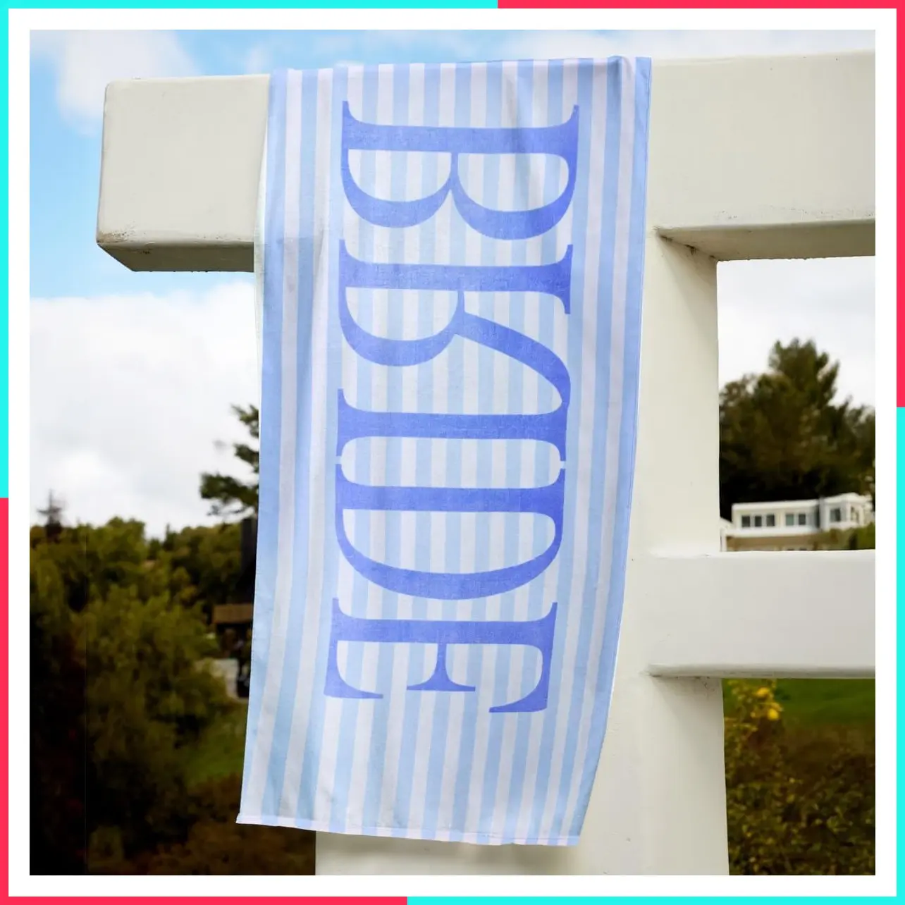 Blue Stripe 100% Cotton Beach Towel for Bride | Bachelorette Party Decor, Coastal Bridal Shower Gift, Poolside Bride-to-Be, Bridesmaid Gift, Beach Bach Supplies