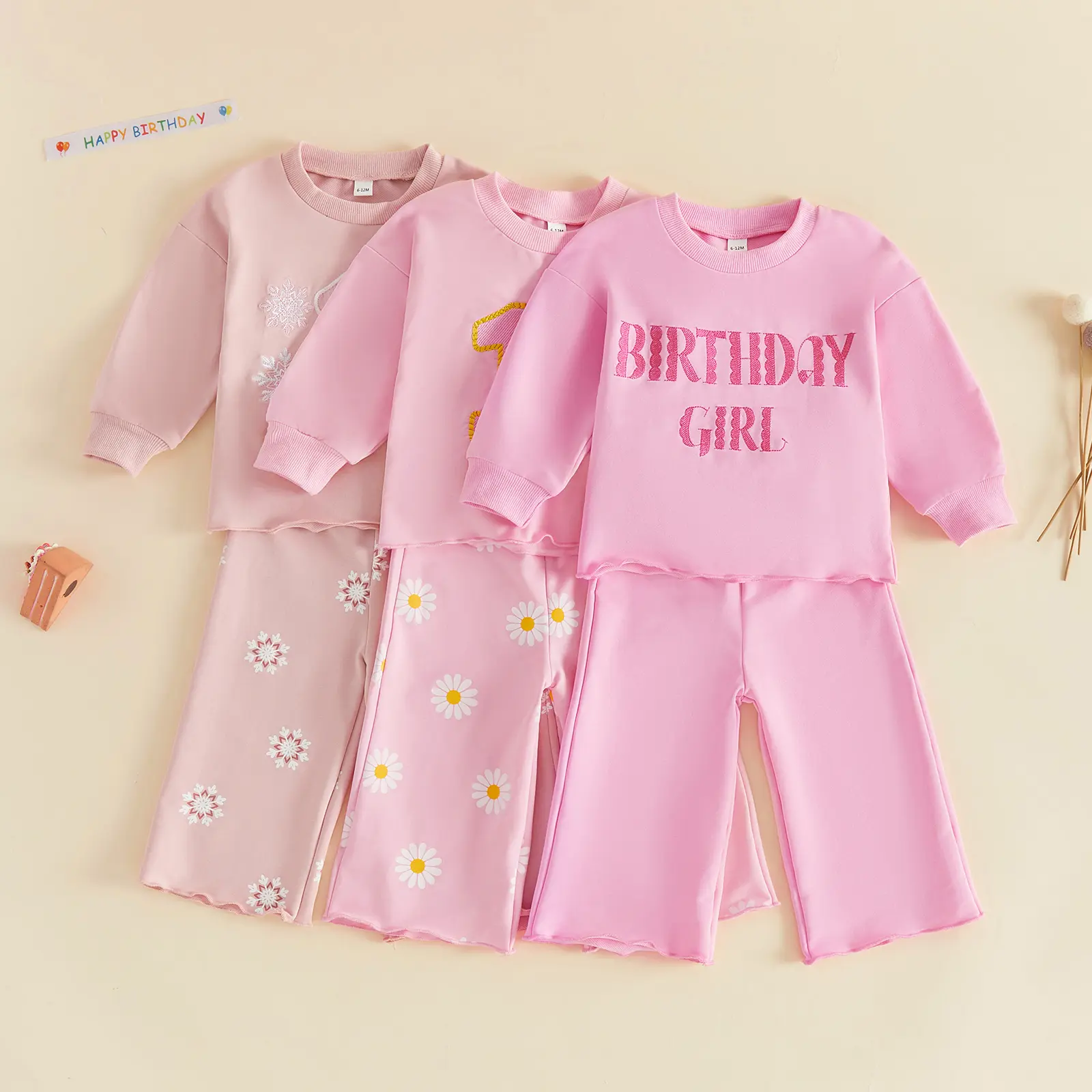 Toddler Baby Little GirlsMy First  Birthday Outfits Embroidery Pullover Sweatshirt Pants Set Fall Winter 6-18 Months