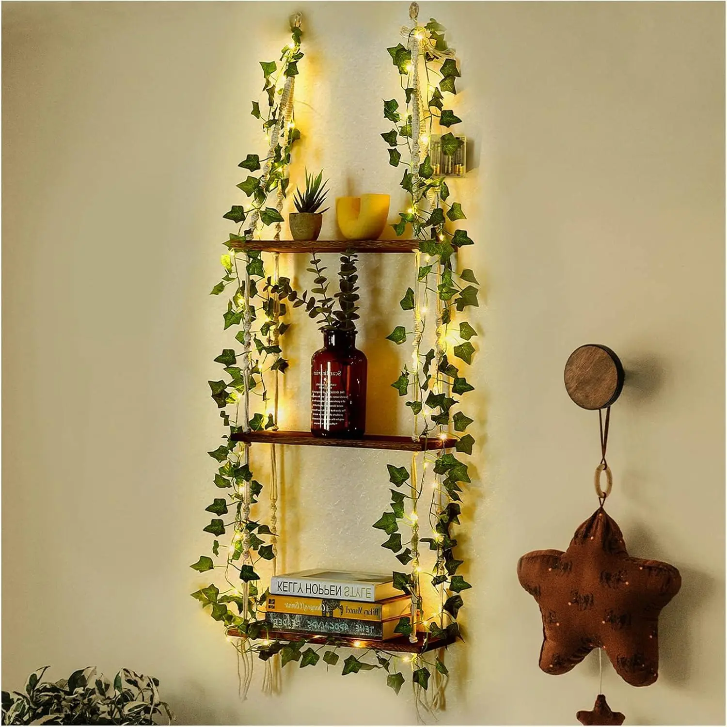 Hanging Shelf with Vine Lights, 3 Tier Macrame Plant Wall Shelf with Handmade Woven Ropes for Succulents, Bedroom, Living Room, Bathroom & Boho Room Decor